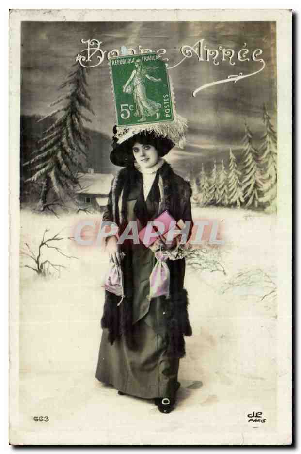 Frau in Winterkleidung mit Briefmarken auf dem Kopf — Frohe Weihnachten — Verlag JE PARIS, Nr. 663