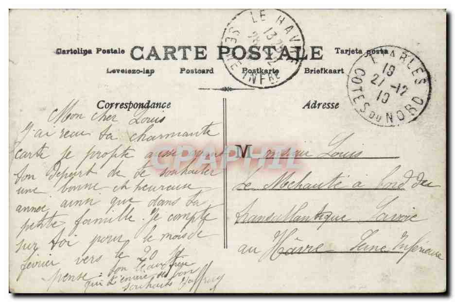 Frau in Winterkleidung mit Briefmarken auf dem Kopf — Frohe Weihnachten — Verlag JE PARIS, Nr. 663 — Rückseite