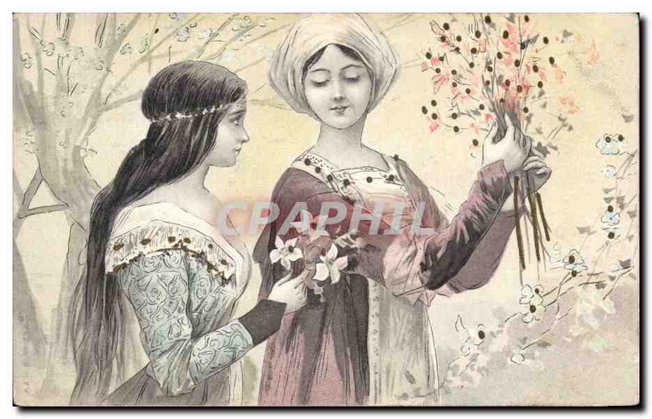 Deux jeunes femmes en robe d'époque — scène bucolique — D.P. Éditeur, Lyon