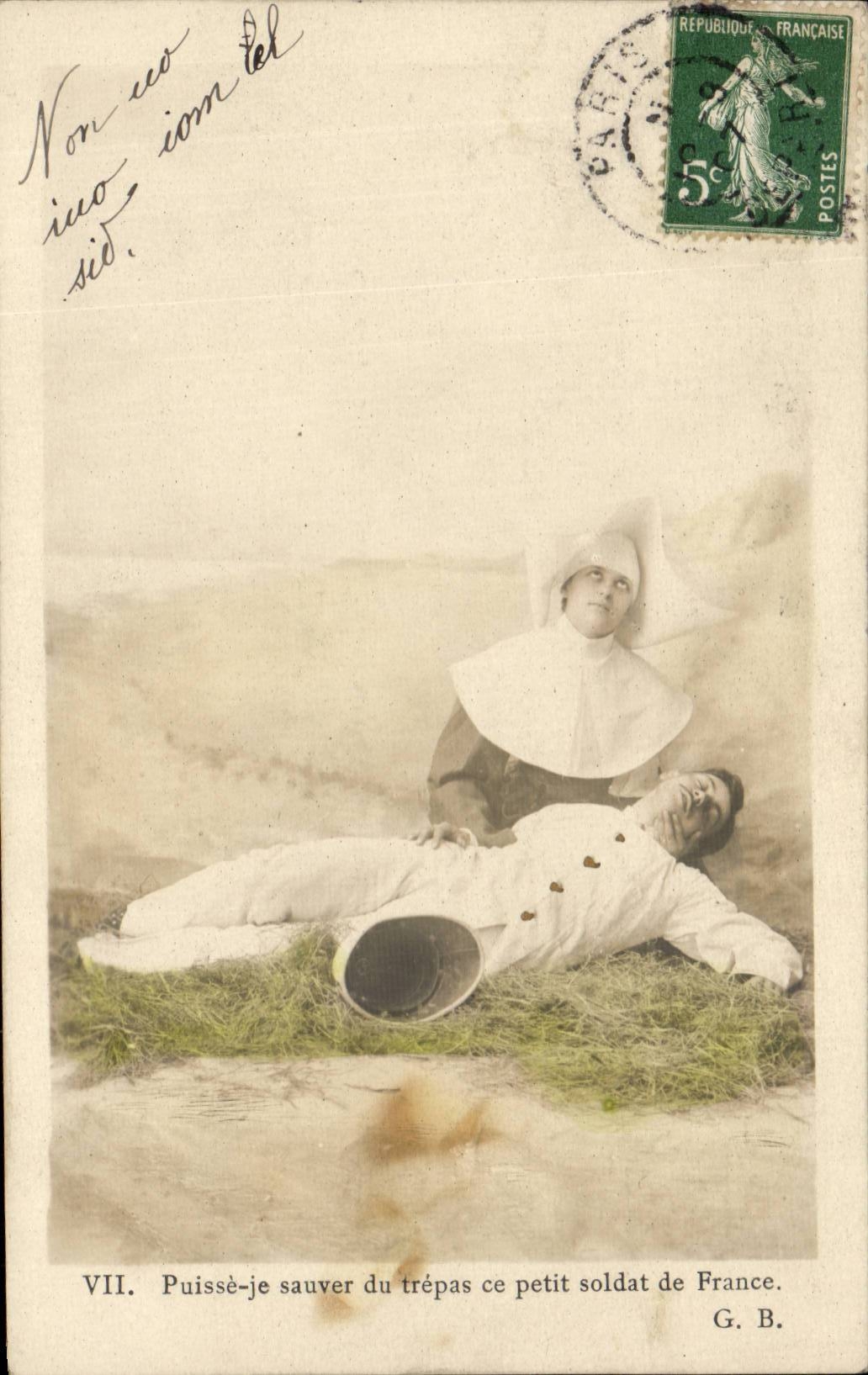 Enfermera ayudando a un soldado herido — VII. Que yo pueda salvar de la muerte a este pequeño soldado francés — G. B.