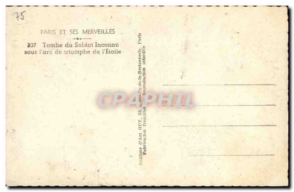 Paris CPA Tombe du soldat inconnu sosu l'arc de triomphe de l'etoile — Verso