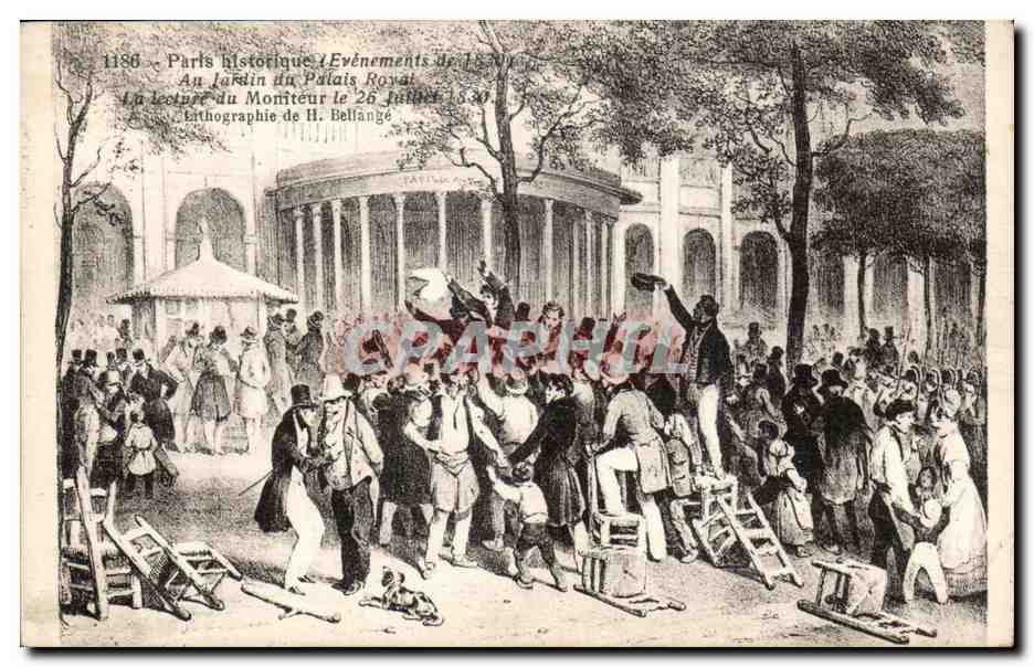 Paris CPA Le jardin du palais royal La lecture du Moniteur le 26 juillet 1830
