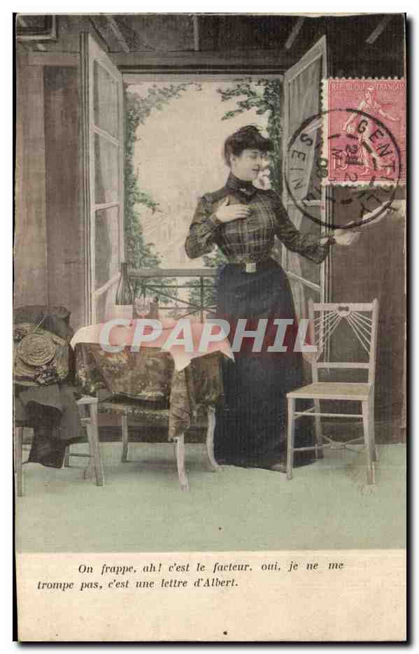 Femme surprise par la poste — scène comique — éditeur non visible