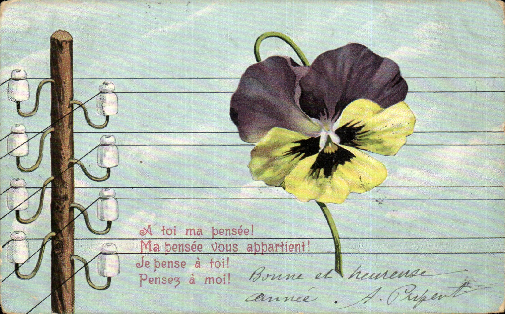 CPA Fantaisie Fleurs et poteaux telegraphiques