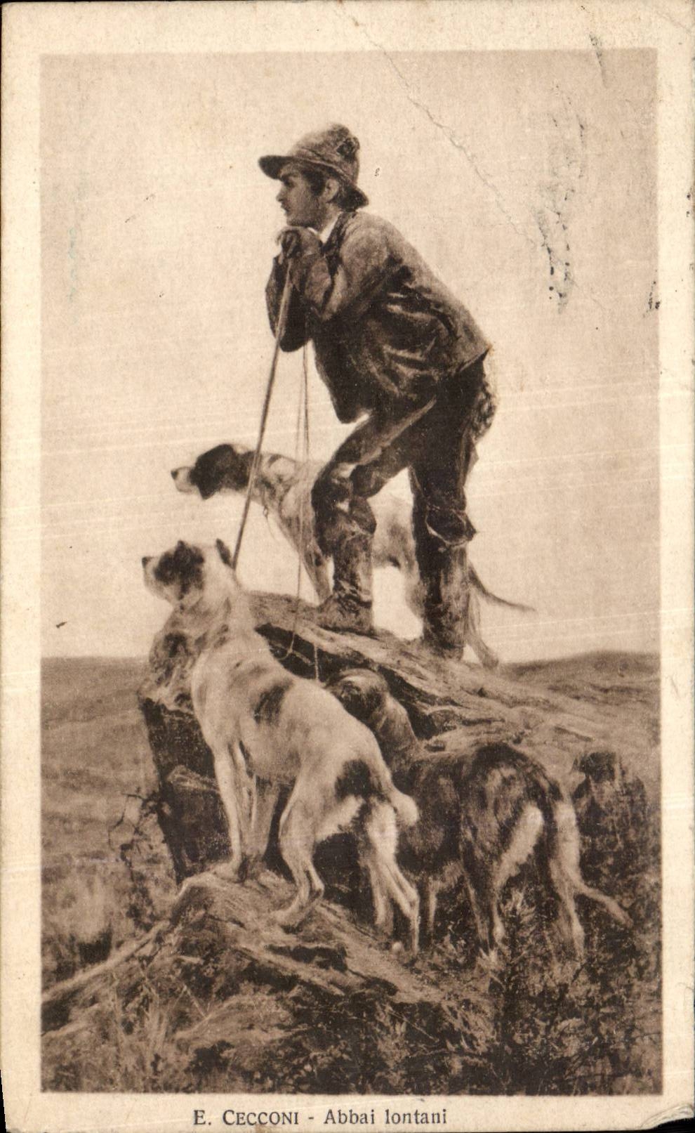 Chasseurs et chiens sur un rocher — E. Cecconi - Abbai lontani