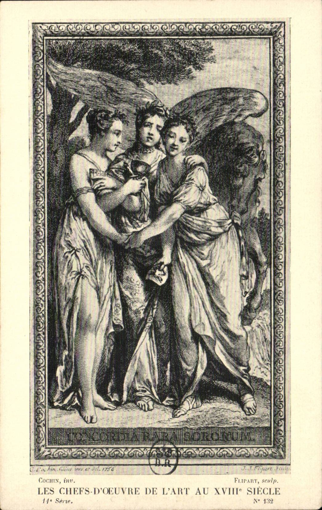 Les Chefs-d'oeuvre de l'Art au XVIIIe siècle — Concordia Aeterna Sororum — Cochin, inv. et J.J. Flipart, sculp. — Série 14, N° 132