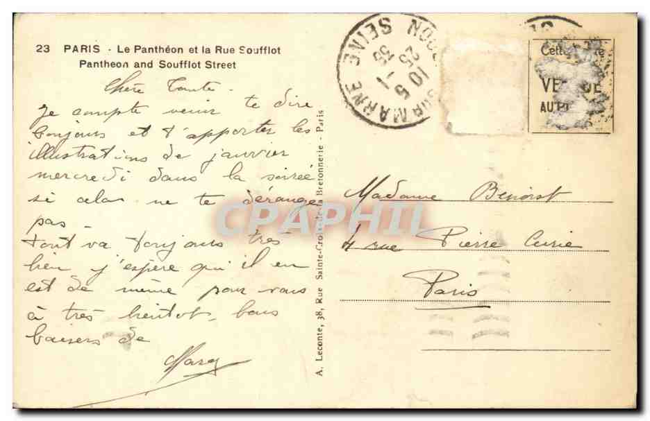 Paris CPA Pantheon et Rue Soufflot — Rückseite