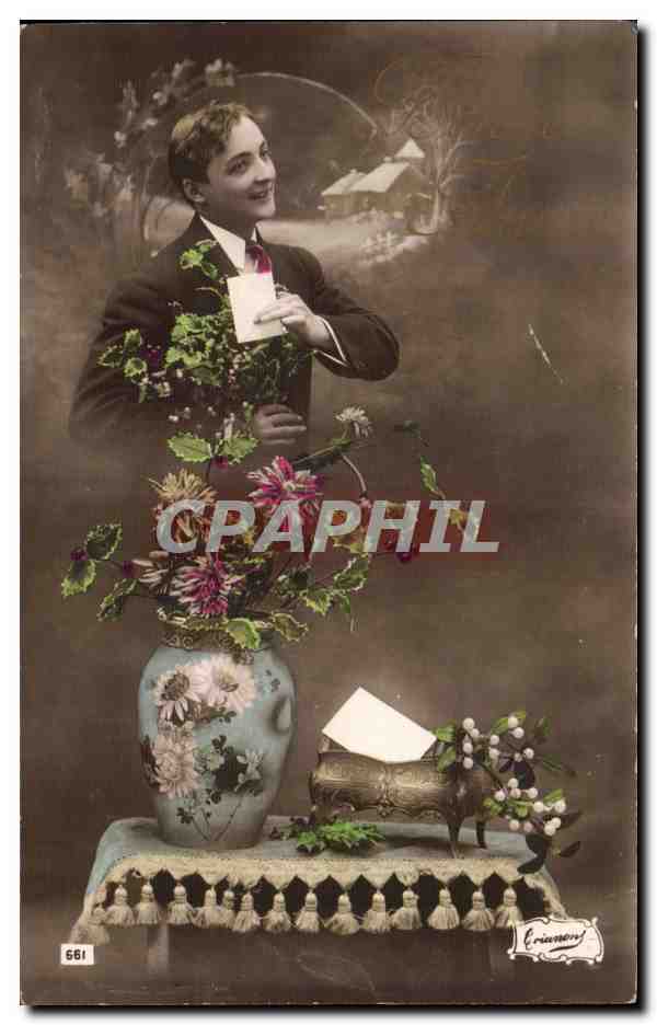 Jeune homme avec bouquet — scène de Noël — Éditeur Eriannen, n° 661