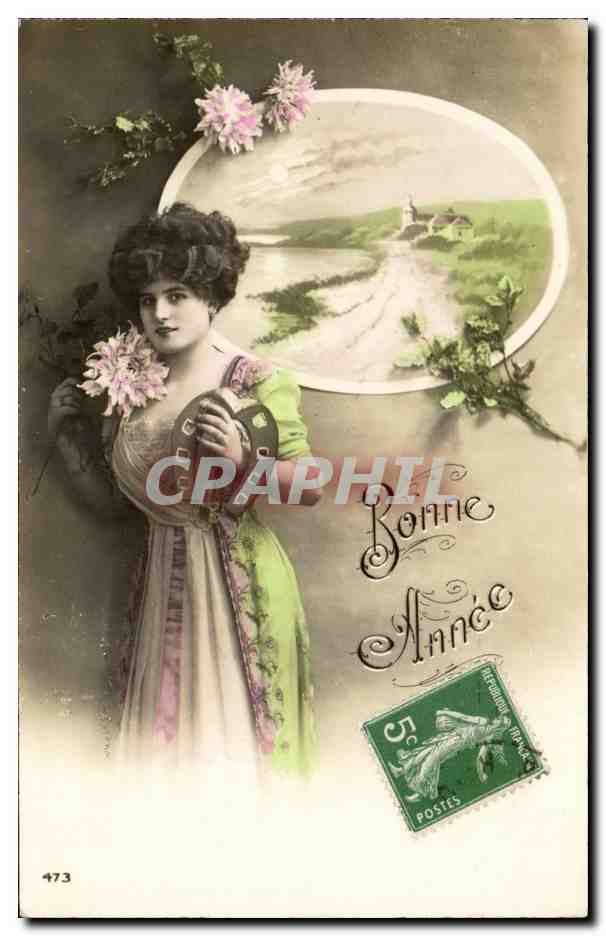 Femme en robe verte tenant des fleurs — Bonne Année — éditeur anonyme, n° 473