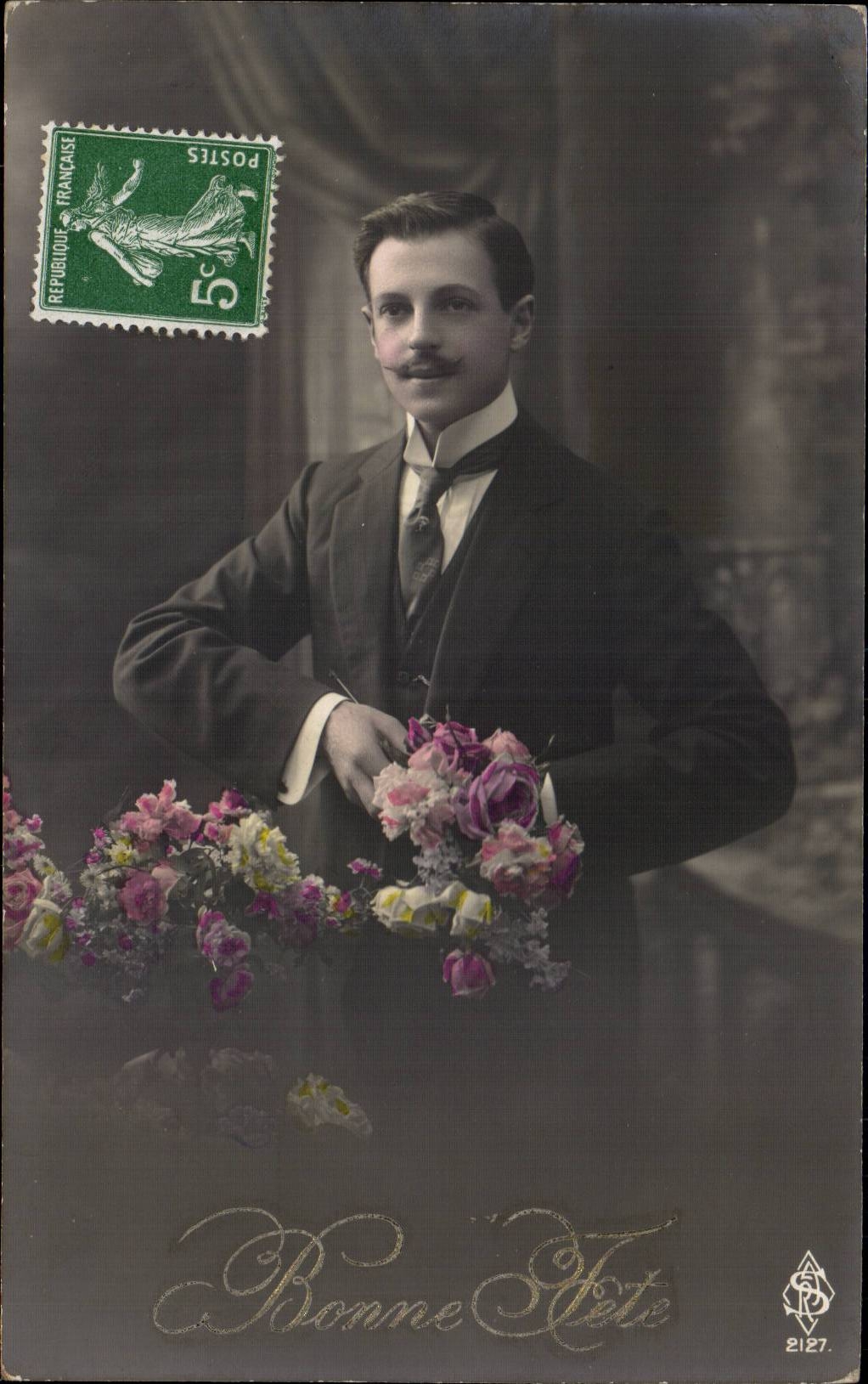 Portrait d'homme avec bouquet — Bonne Fête — éditeur S. 2127
