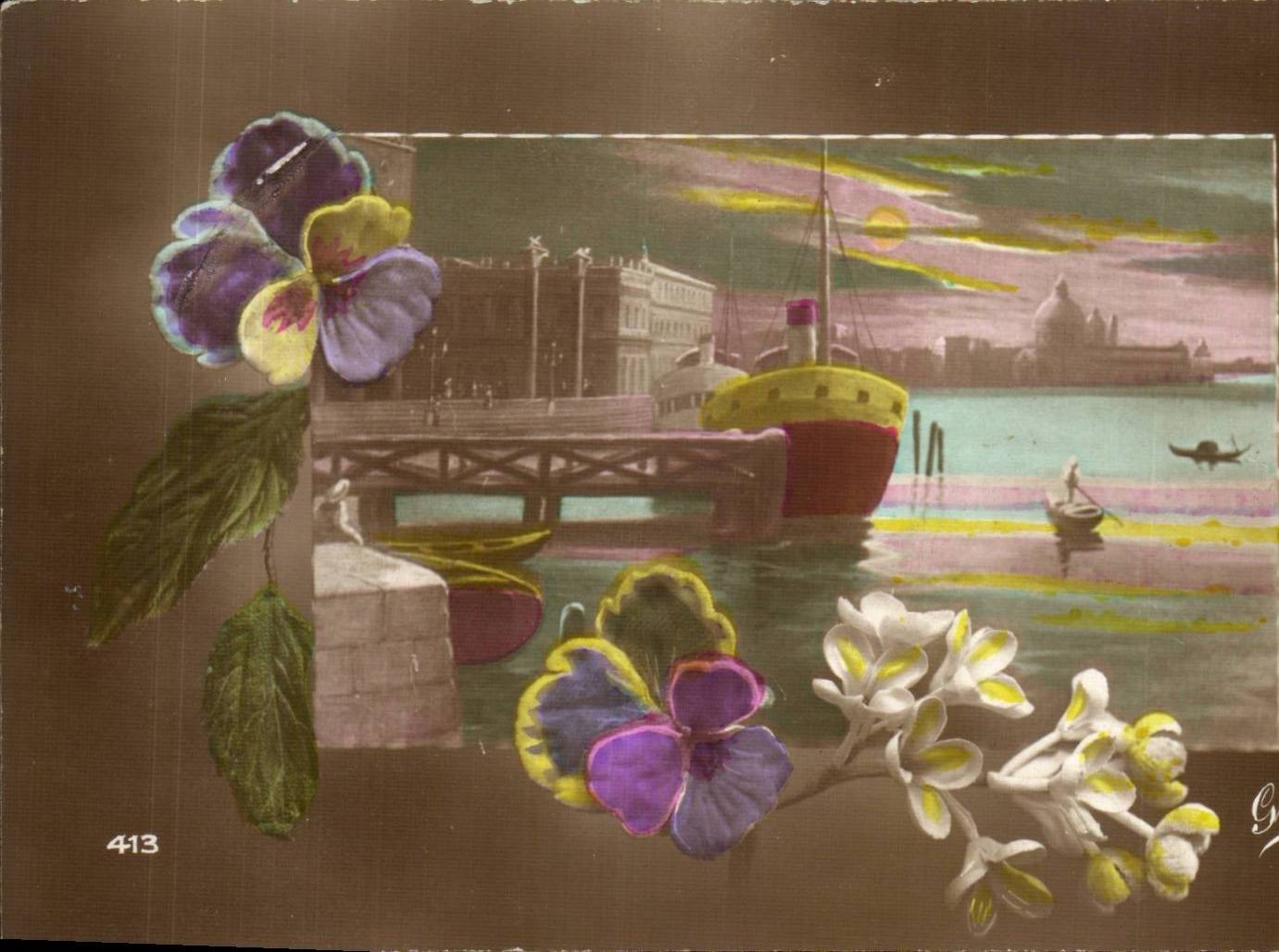 CPA Fantaisie Fleurs Bateau VEnise