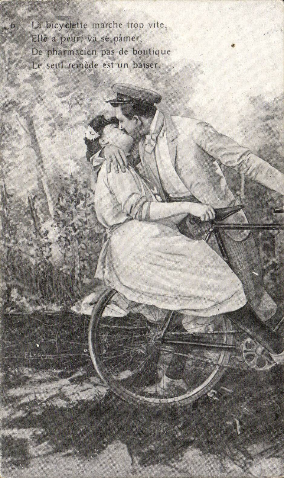 Cycliste et passagère — scène amoureuse avec texte humoristique — éditeur non identifié, n°6