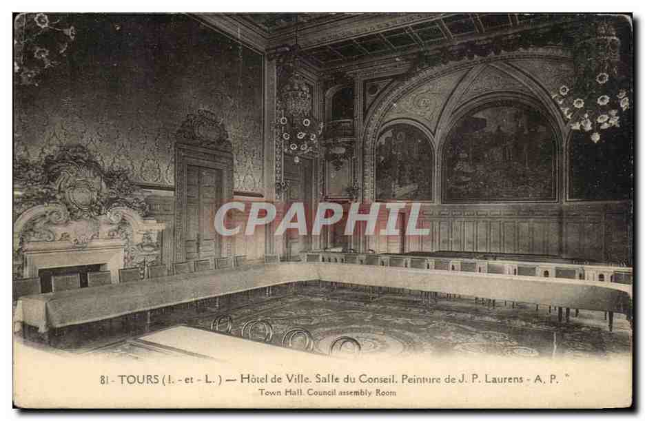 CPA Tours Hotel de ville Salle du conseil Peinture de Laurent