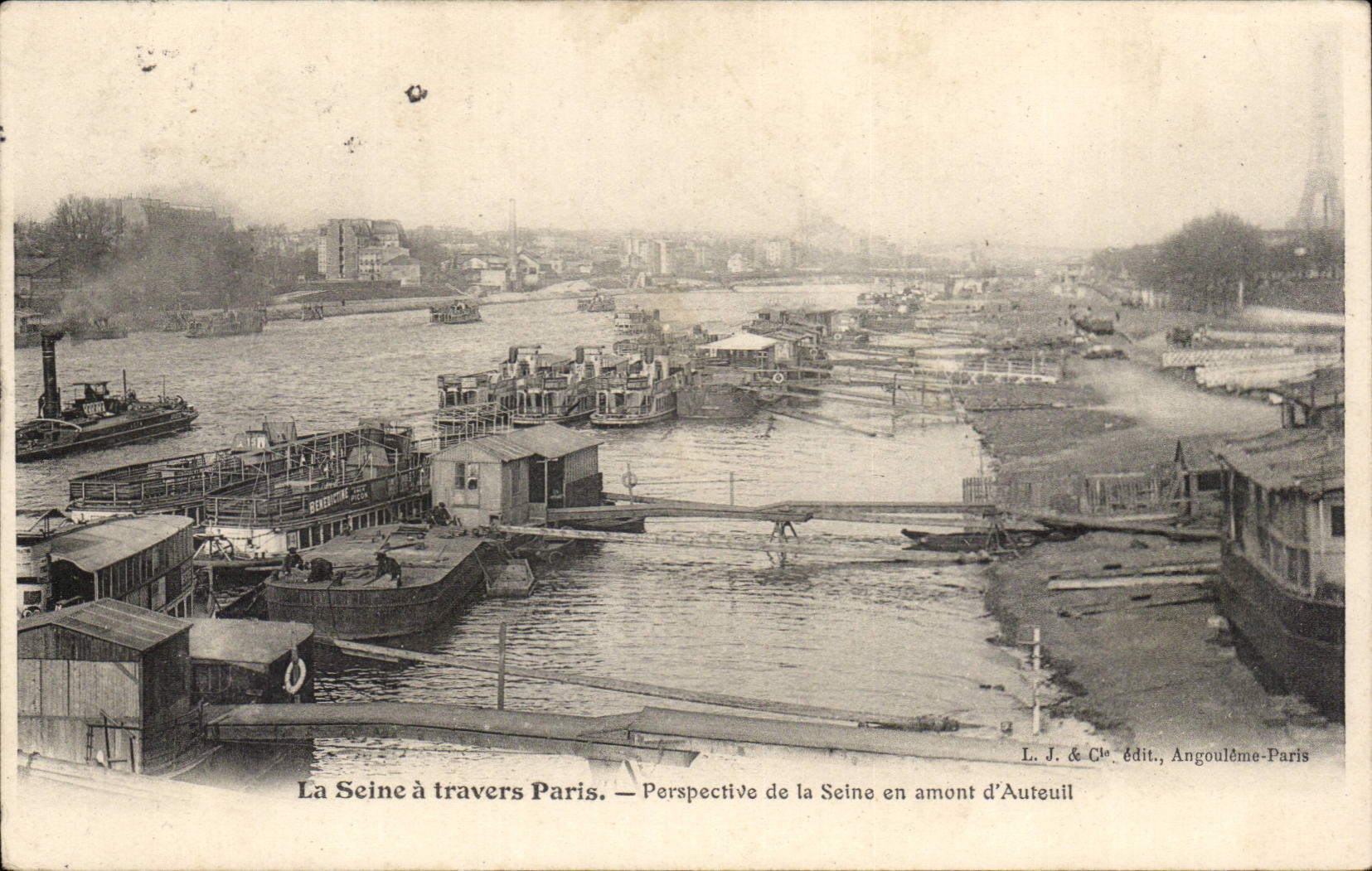 La Seine à travers Paris — Perspective de la Seine en amont d'Auteuil — L. J. & Cie édit., Angoulême-Paris