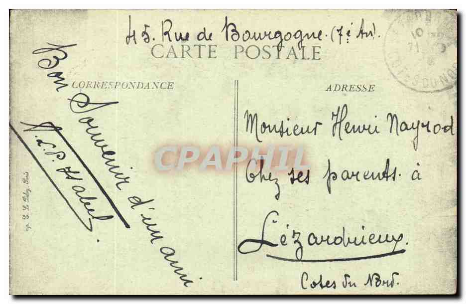 Paris CPA Porte Saint Denis — Verso