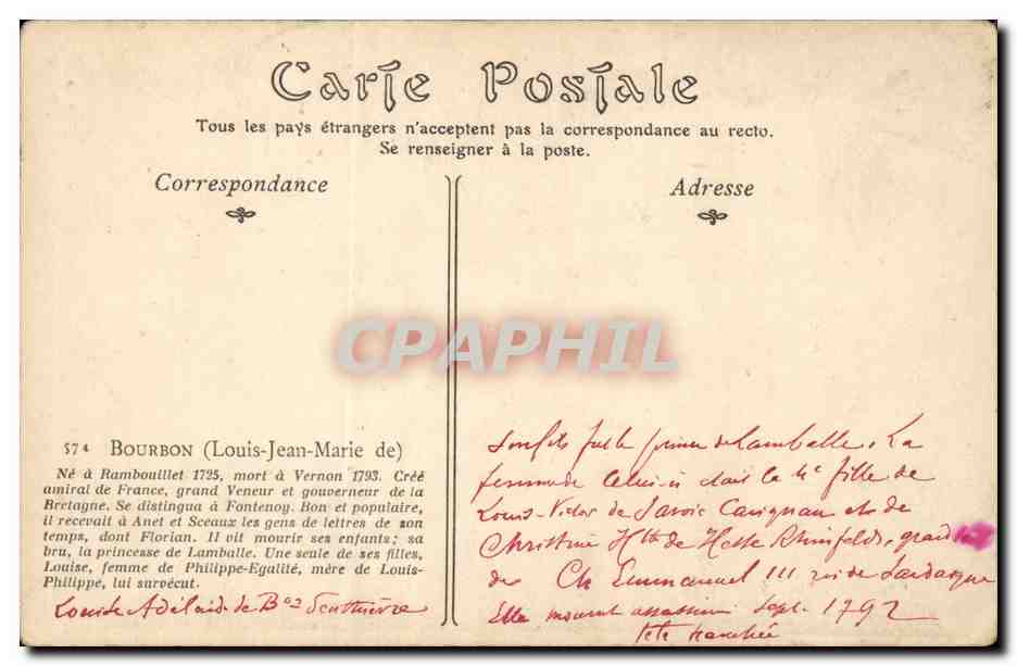 CPA Louis Jean Marie de Bourbon Rambouillet — Verso