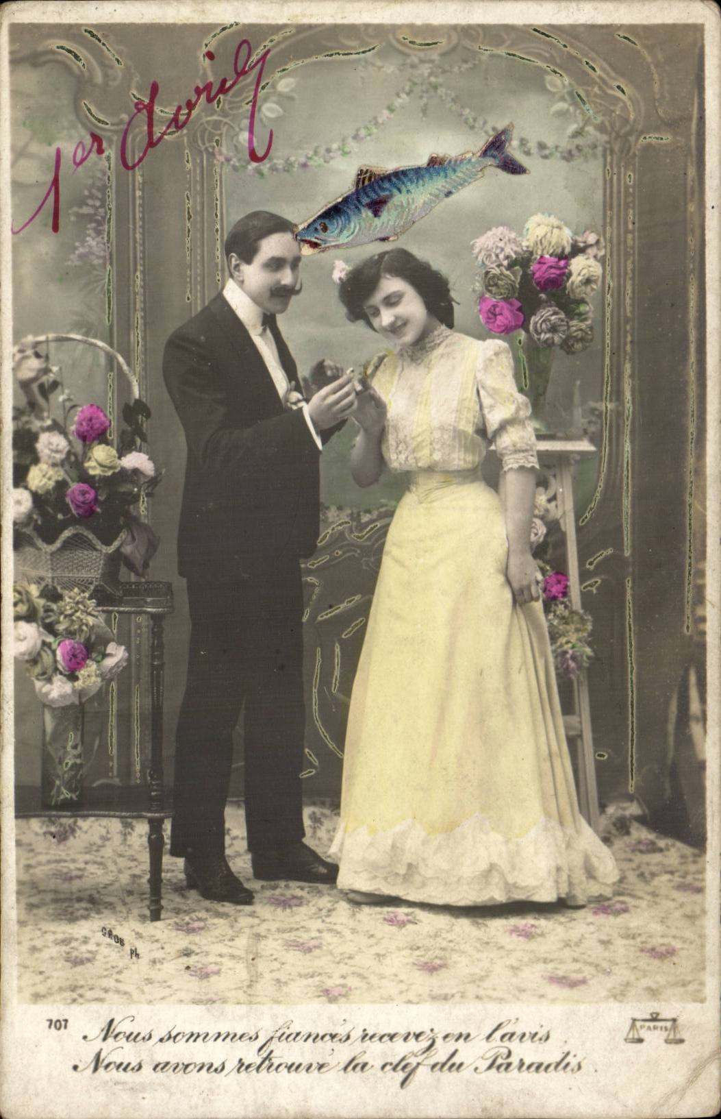 Couples fiancés — scène de présentation de bague — éditeur Paris, n° 707