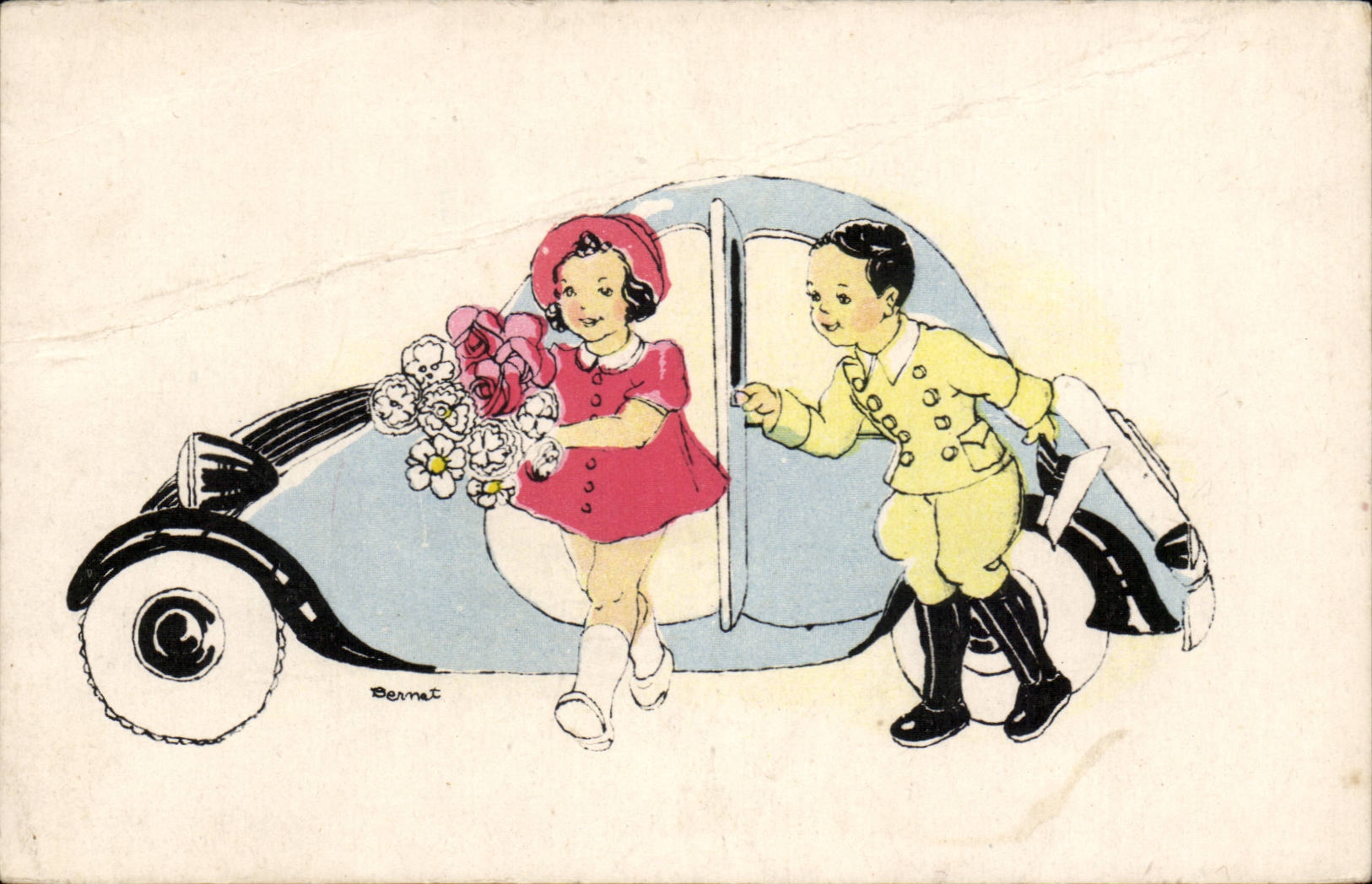 Enfants près d'une voiture — illustration de Bernat — Éditions Graly, Lyon