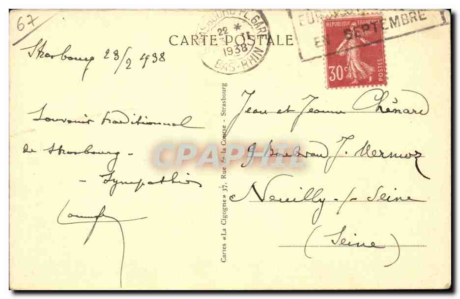 Strasbourg CPA Cathedrale Nid de cigognes — Verso