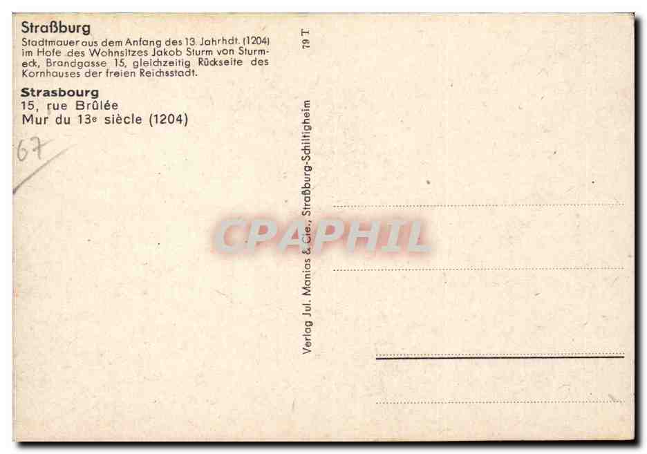 Strasbourg CPA Rue brulee Mur du 13eme — Verso