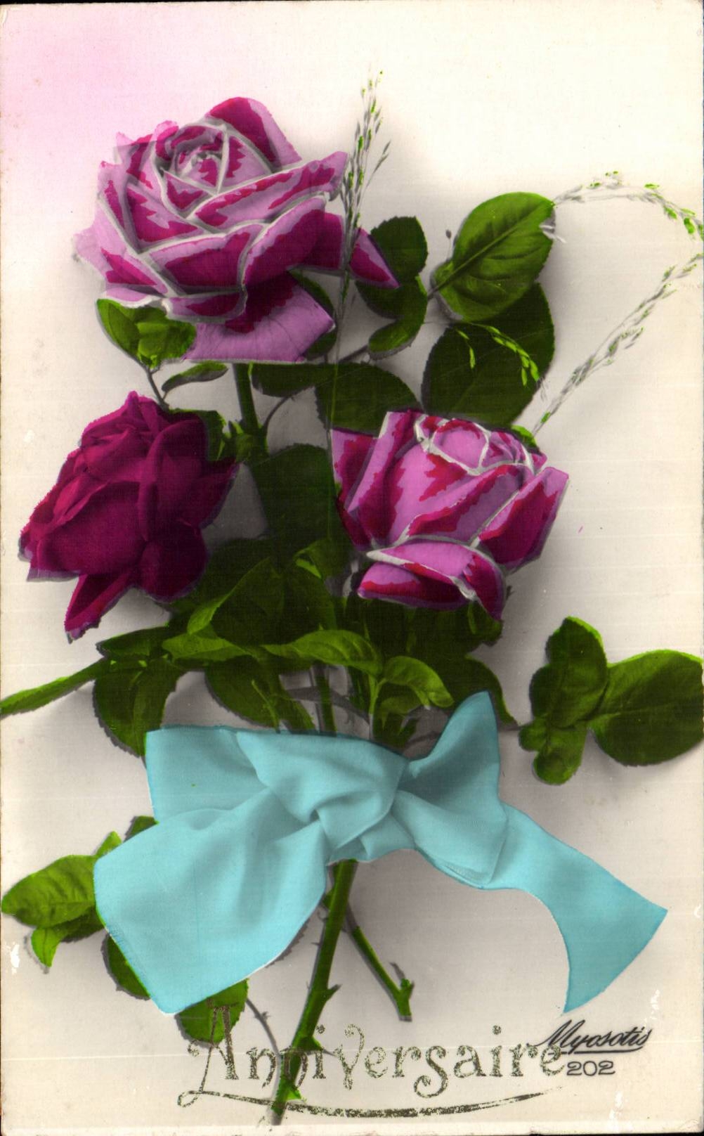 CPA Fantaisie Fleur Rose Anniversaire