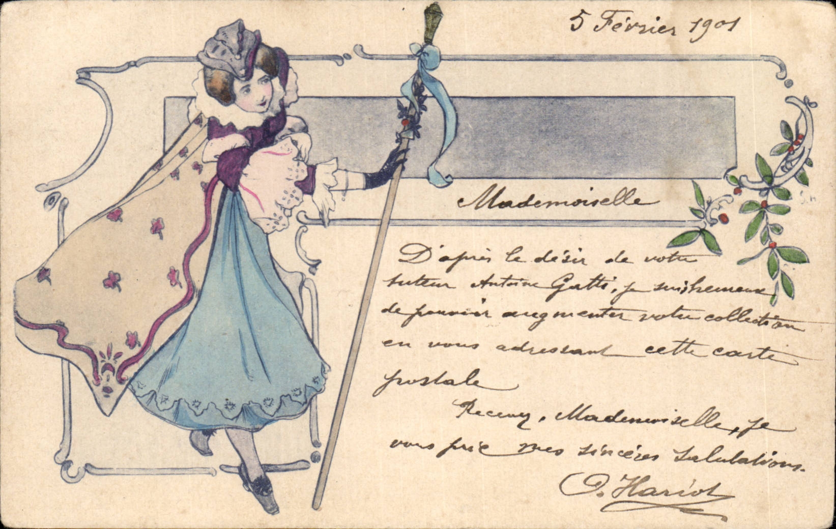Femme en manteau décoré — illustration — éditeur inconnu