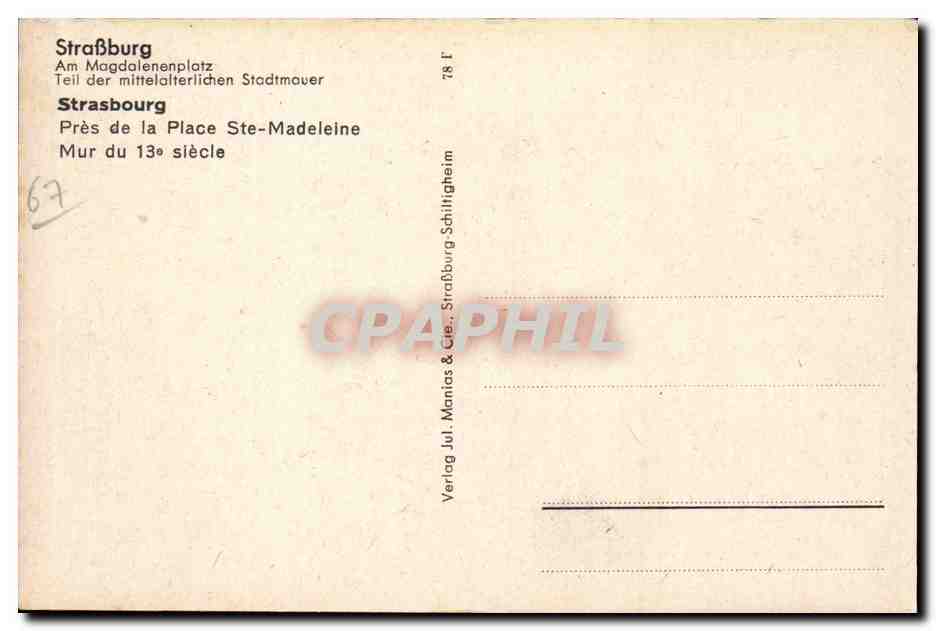 Strasbourg CPA pres de la place Ste madeleine Mur du 13eme — Verso