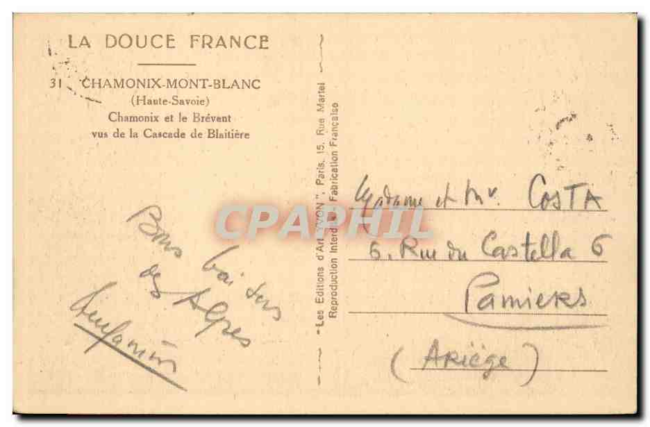 CPA Chamonix et le Mont Blanc Brevant vus de la cascade de Blaitiere — Verso