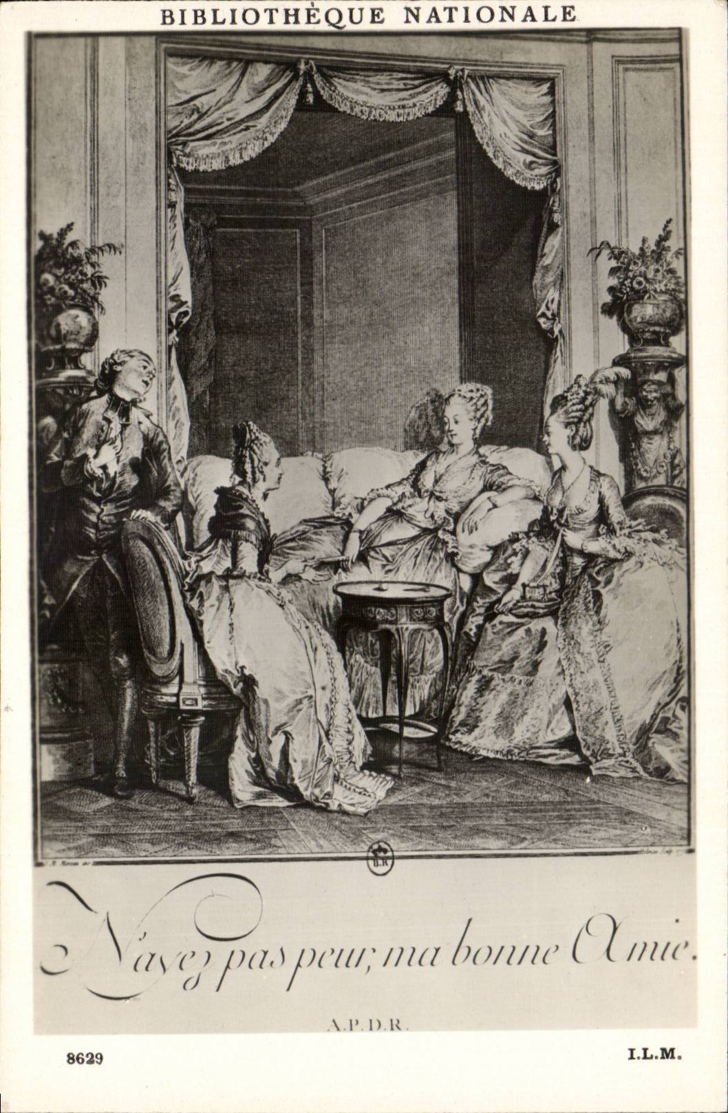 Bibliothèque Nationale — scène de salon XVIIIe siècle — A.P.D.R. et I.L.M. — n° 8629