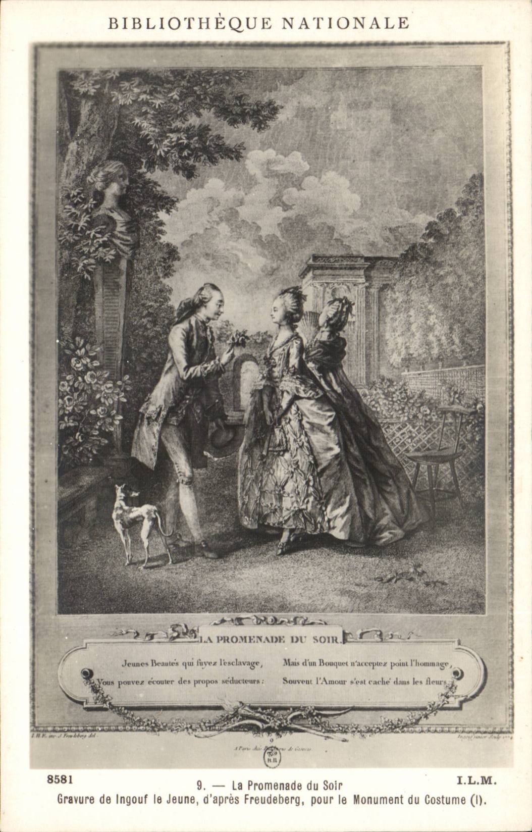 CPA Fantaisie Femme Bibliotheque nationale La promenade du soir Ingouf le jeune Freudeberg Monument du costume