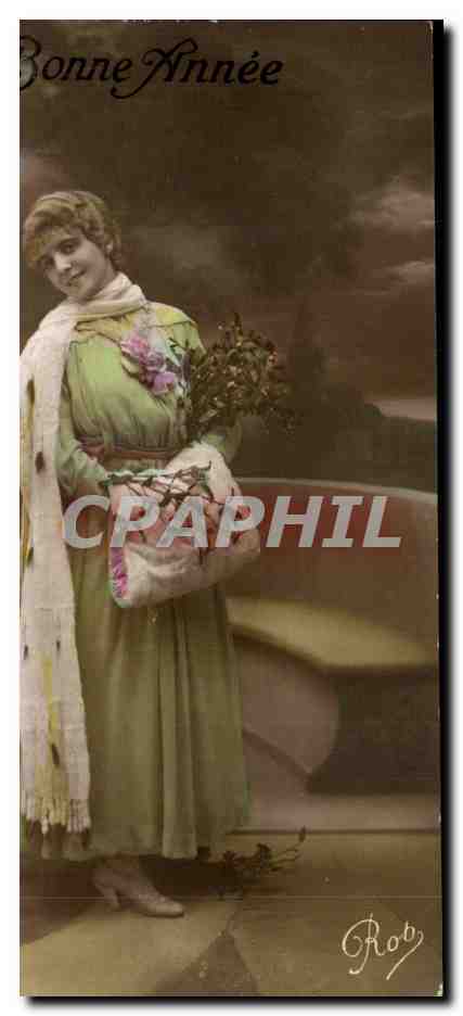 Femme en robe verte tenant un bouquet — Bonne Année — Rob