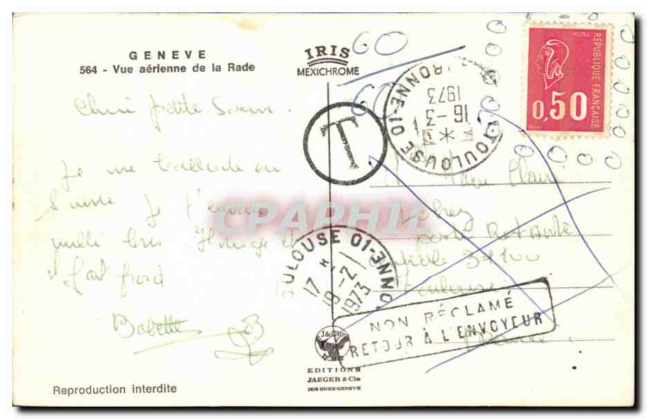 Genève — Vue aérienne de la Rade — Éditions Jaeger & Cie, n° 564 — Rückseite