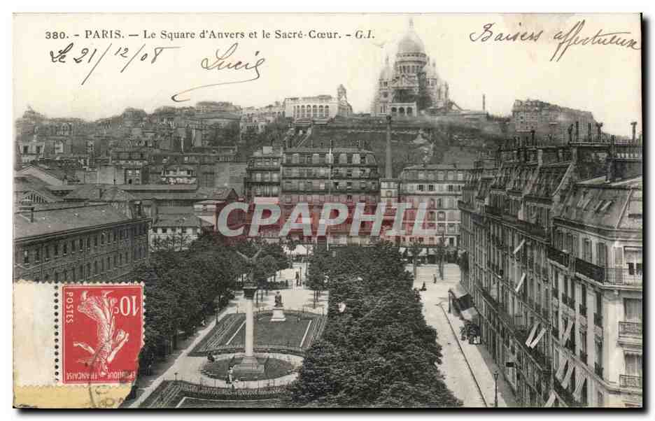 Paris CPA Square d'Anvers et le Sacre Coeur de montmartre