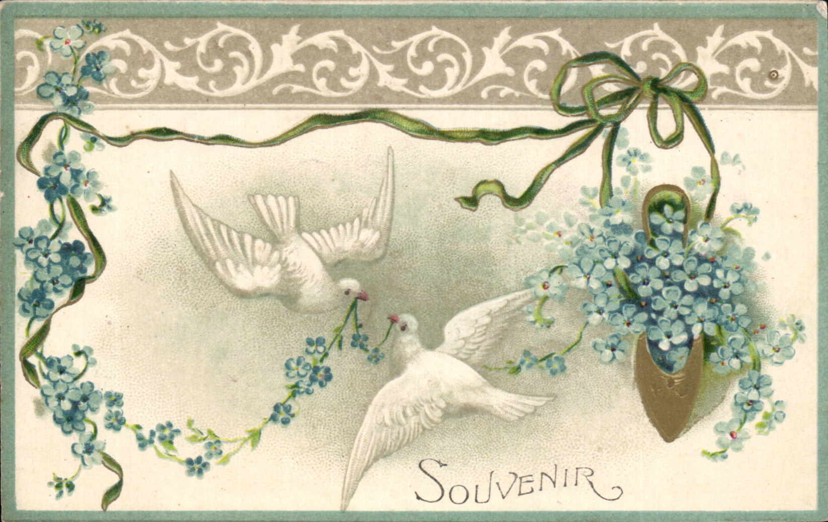 CPA Fantaisie Fleurs et colombes Souvenir 