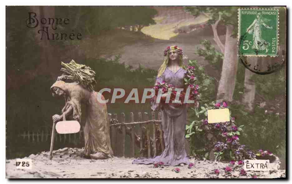Deux statues — une femme portant un fardeau, l'autre tenant des fleurs — Bonne Année — éditeur inconnu, n° 1725