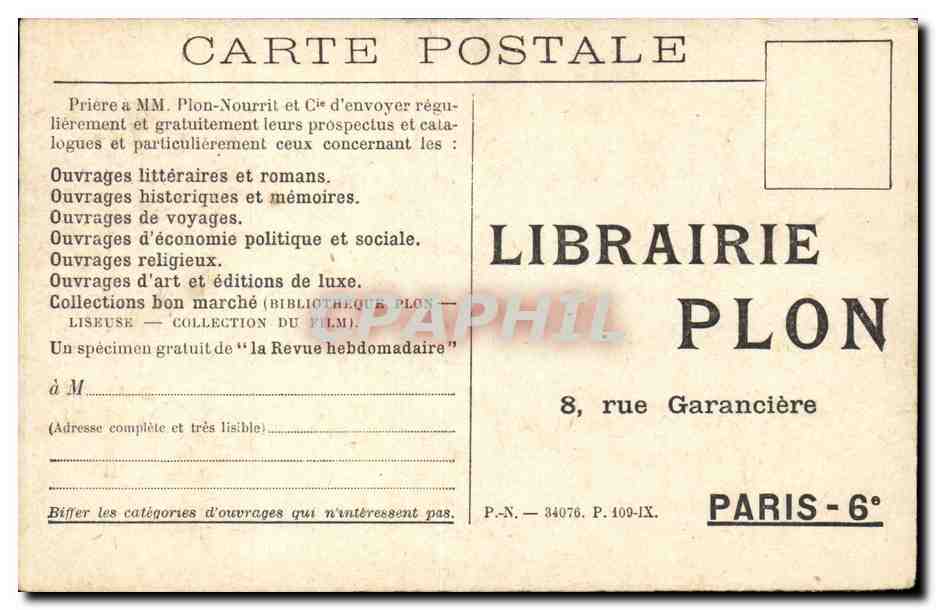CPA Fantaisie Julien Green Mont Cinere Roman Librairie Plon Rue Garanciere Paris — Rückseite