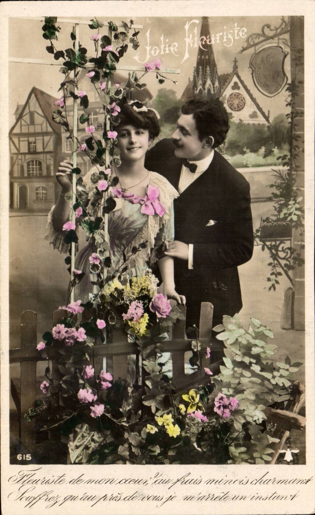 Jolie Fleuriste — scène de fleuriste avec couple — éditeur non visible, n° de série 615
