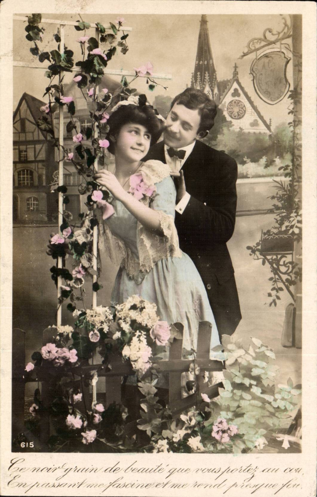 Jeune couple dans un jardin — scène romantique — éditeur inconnu, n° 615