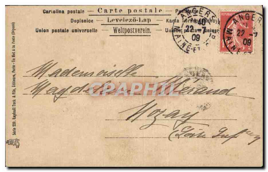 Femme souriante — portrait — éditeur Raphael Tuck & Fils, série 555/6 — Verso