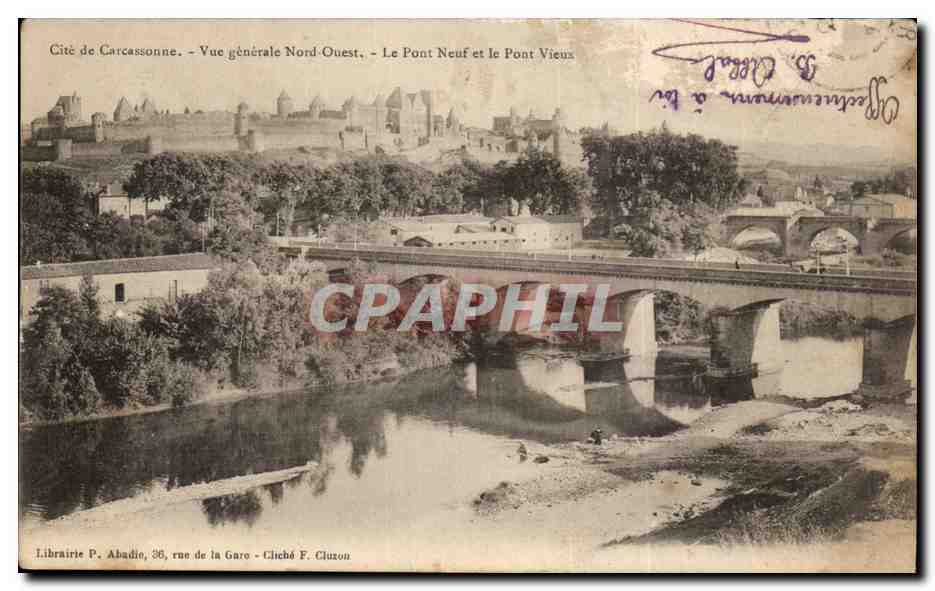 Cité de Carcassonne — Vue générale Nord-Ouest — Le Pont Neuf et le Pont Vieux — Librairie P. Abadie, 36, rue de la Gare — Cliché F. Cluzon
