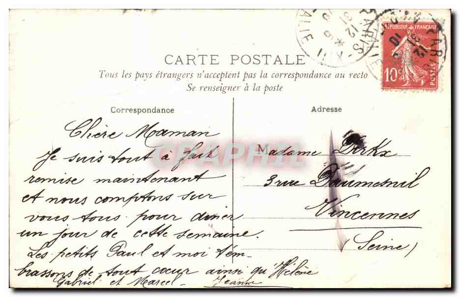 Paris CPA Rue de Tolbiac — Verso