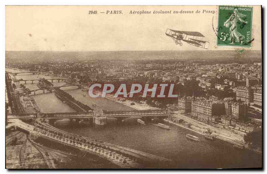 Parigi — Aereo che vola sopra Passy — Cartolina d'epoca 2949