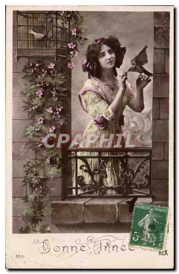 CPA Fantaisie Femme Oiseau Bonne annee