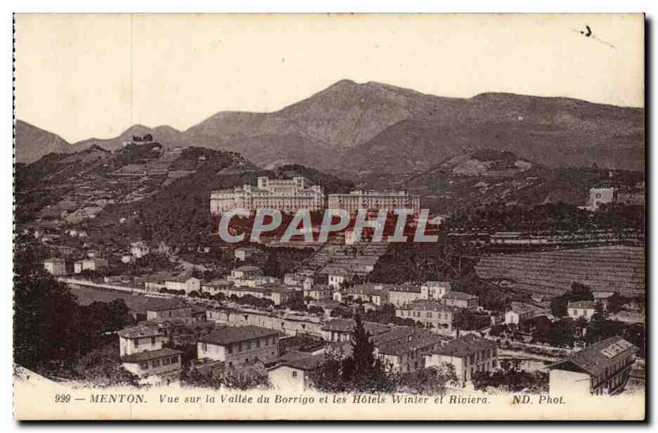 Menton CPA Vue sur la vallee du Borrigo et les hotels Winter et Riviero