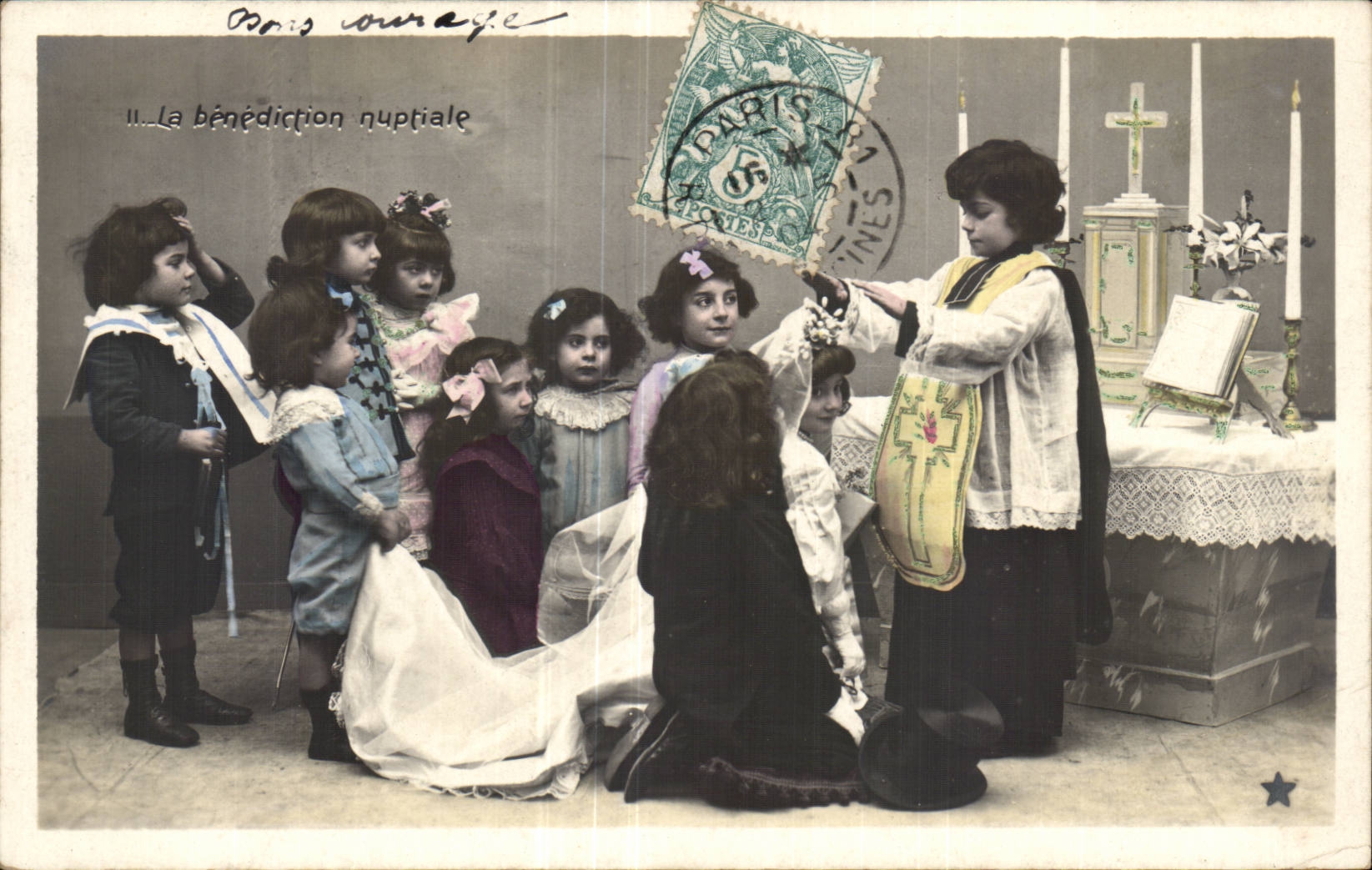 Fantaisie - Enfants - Benediction nuptiale - Mariage - bride - wedding - humour - vin - wine - CPA 