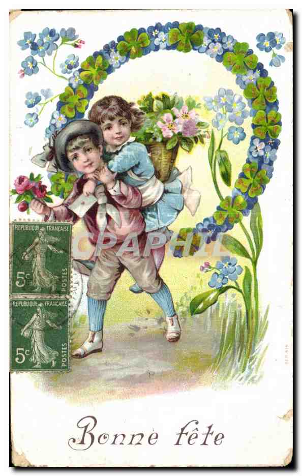 Fantaisie - Enfants - flowers and a piggy back ride - CPA 