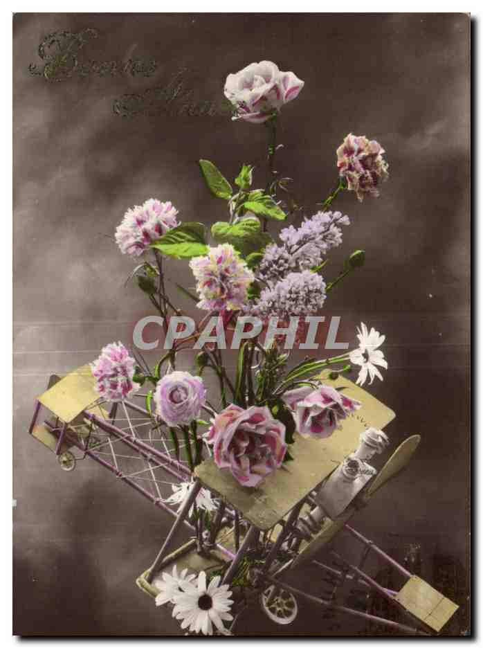 Fleurs - Flowers - Roses - Bonne Annee Avion Aeroplane - CPA 