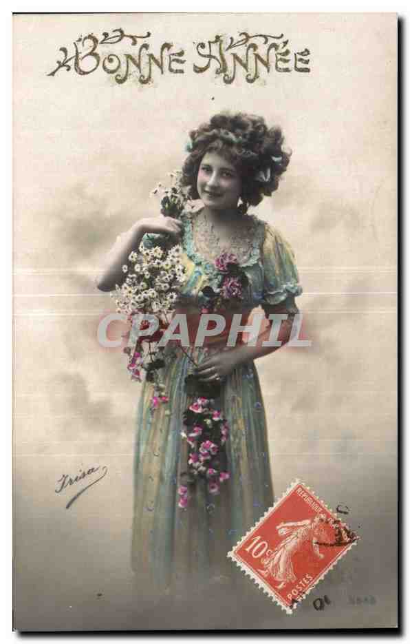 Joven mujer en vestido floreado — Buen Año — editor Trisa, número de serie no visible
