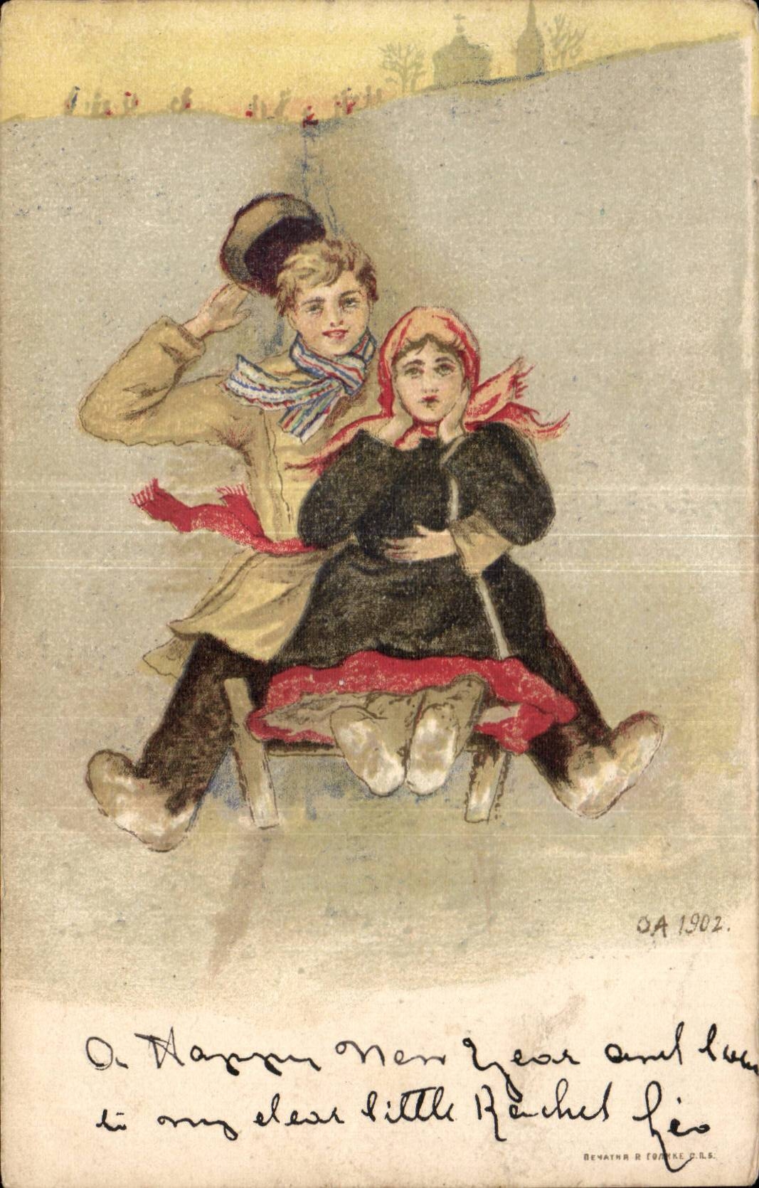 Fantaisie - Couple on sled - Lige woman with frightened expression - sport d'hiver - CPA 