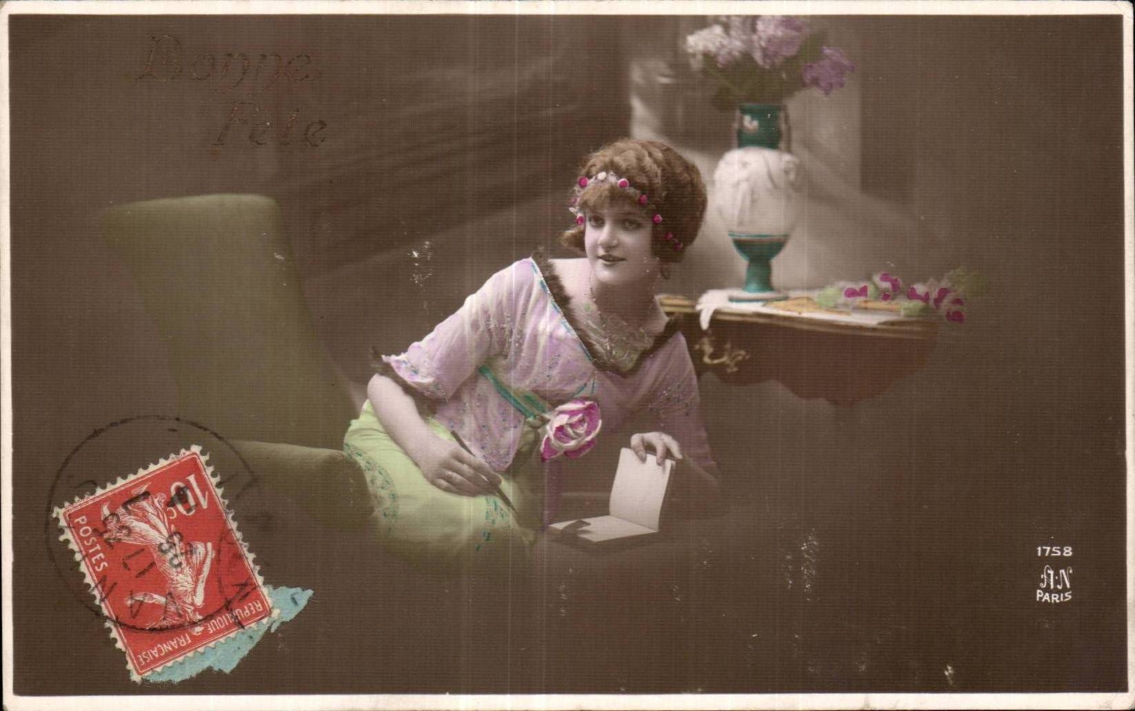 Fantaisie - Femme - Woman writing by lamplight - CPA 